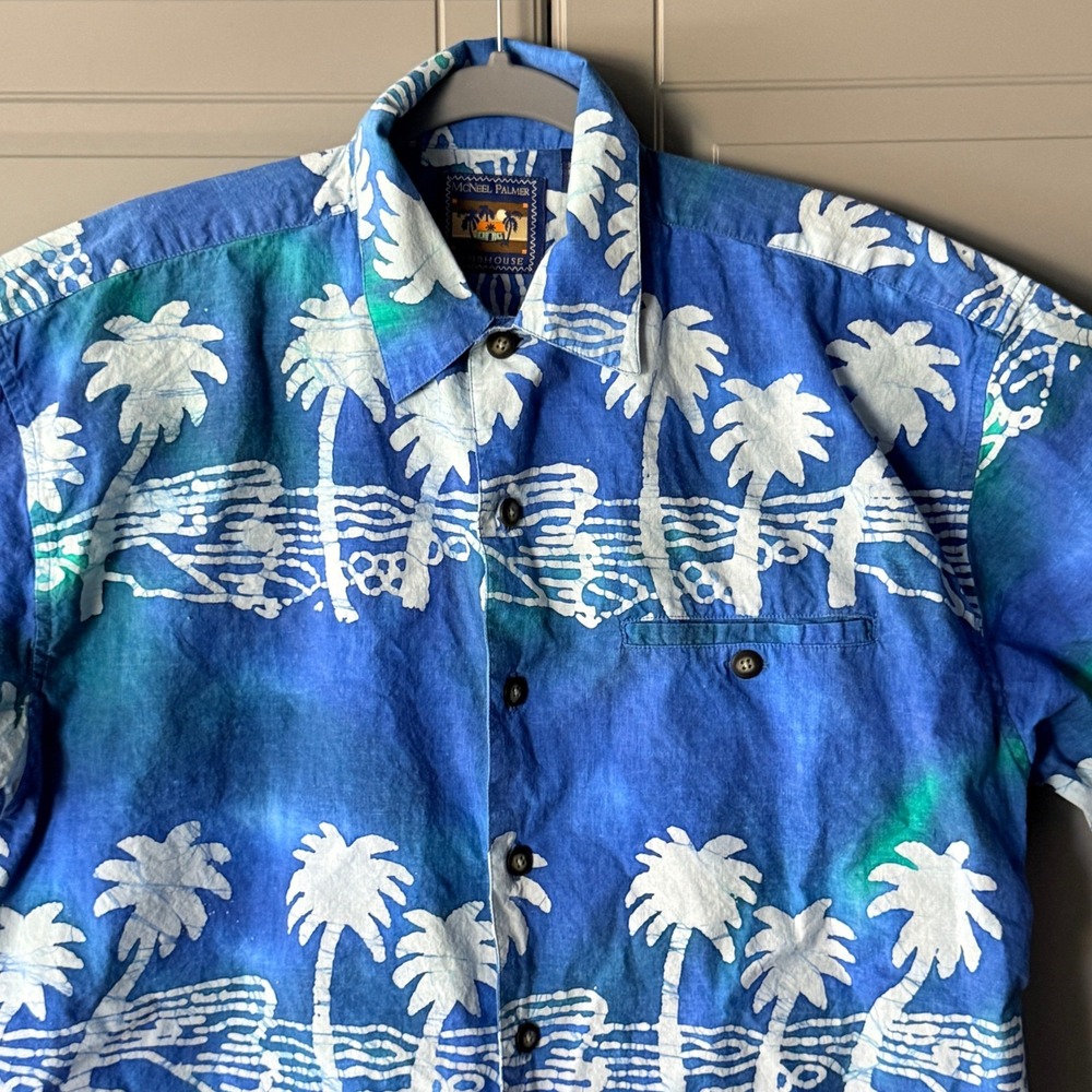 McNeel Palmer Clubhouse Mens Batik Palm Tree Tropical‎ Hawaiian Shirt, Blue,S - Picture 4 of 10